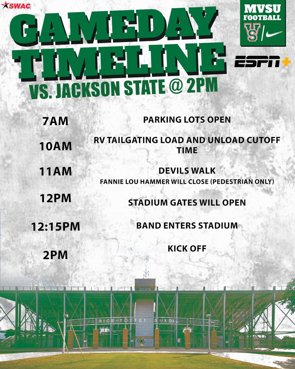 Here’s the MVSU Gameday Timeline vs. Jackson State on Saturday at 2PM! See you there ‼️‼️ *The game will be broadcasted live on ESPN+ #TheTimeIsNow #WearGreen #70YearsOfFootball