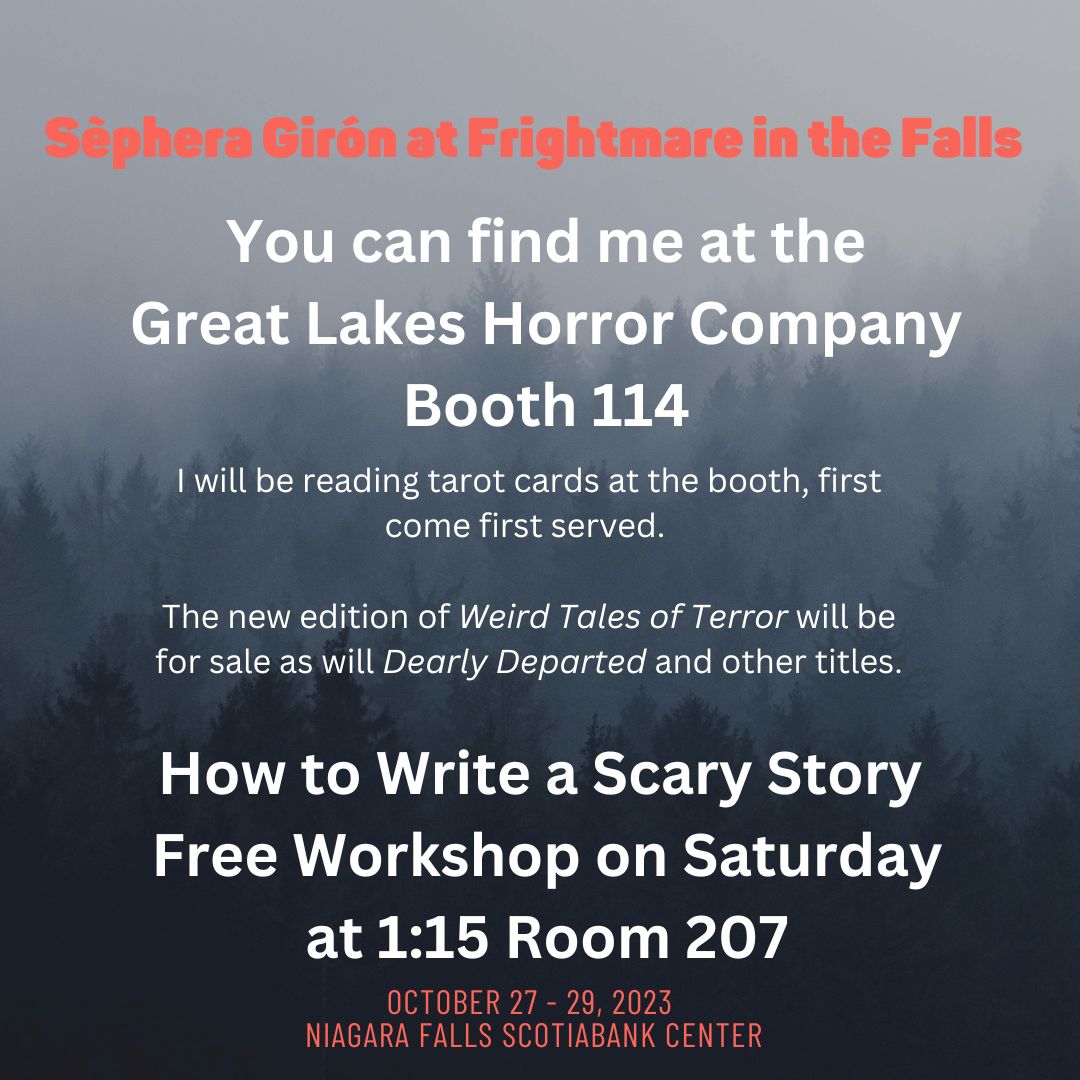 Sephera's tweet photo. @frightmarefalls is coming up FAST! I'm so excited! Here's my schedule! #horrorconventions #halloween #writingworkshops #scarystories #horrorwriters https://t.co/6A88zAn8dh