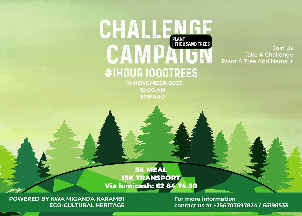 Bilod755O's tweet photo. Uriteguriye🥳 iyi challenge🔥 y'#Ibiti_Igihumbi, kutavyumva? A #ThousandTrees🌴
Twatashe I Mwaro🤩, ku gasumo 🌊mw'isaha imwe dutere ibiti igihumbi🔥, igisabwa ni wewe na wewe nyene(n'umugenzi wanje).😍
📌Date: 11th November 2023
Time: 10am. Kora challenge zitesa, Uzoza none?🤓 https://t.co/oIedQq1qAk