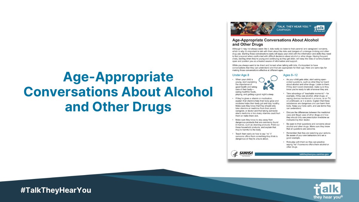 samhsagov's tweet image. It’s never too early 🌤 to start short, frequent conversations 💬 with your kids about the dangers ⚠️ of alcohol and other drugs.

This #TalkTheyHearYou fact sheet can help you get started. You can do it 💪! Remember, when you talk, they hear you! ⬇️ samhsa.gov/sites/default/…