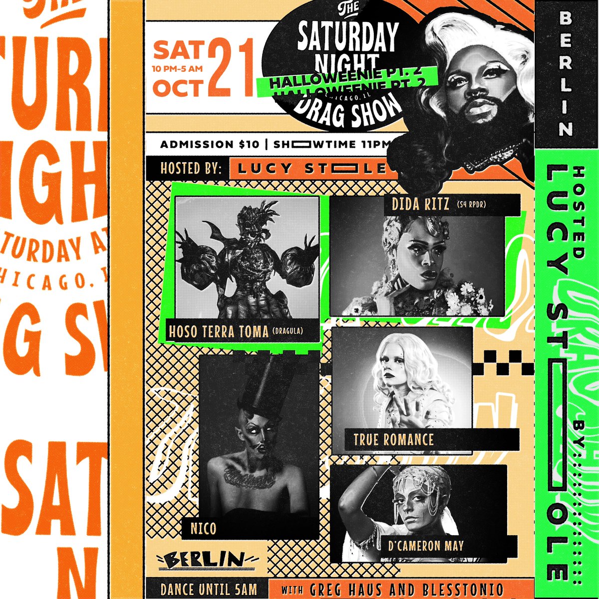 Get out your Halloweenie spirit and come to Berlin and party with Lucy Stoole and the cast of THE Saturday Night Drag Show!

Featuring
👻Hoso Terra Toma (Dragula)
👻DiDa Ritz (RPDR)
👻Nico
👻True Romance
👻D’Cameron May
🎵DJ’s Greg Haus and Blesstonio