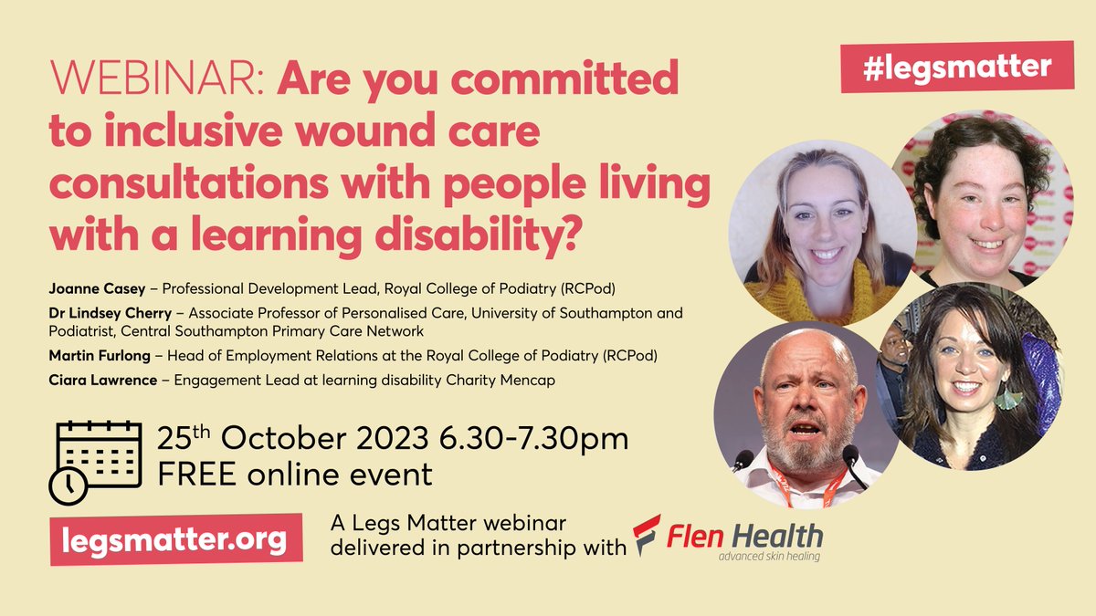 LegsMatter's tweet photo. Not long to go until our webinar - Are you committed to inclusive wound care consultations with people living with a learning disability? 25 October at 6.30pm register for FREE now #legsmatter https://t.co/ZFqDfSO2HV https://t.co/2FVEeypuTP