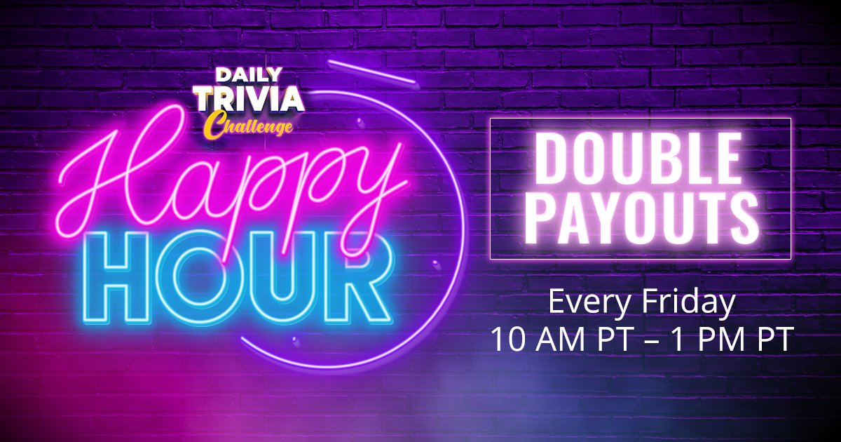 It's ON! For the next 3 hours, get double SB from the Daily Trivia Challenge!

Don't have the app? Get it at swagbucksdailytrivia.com