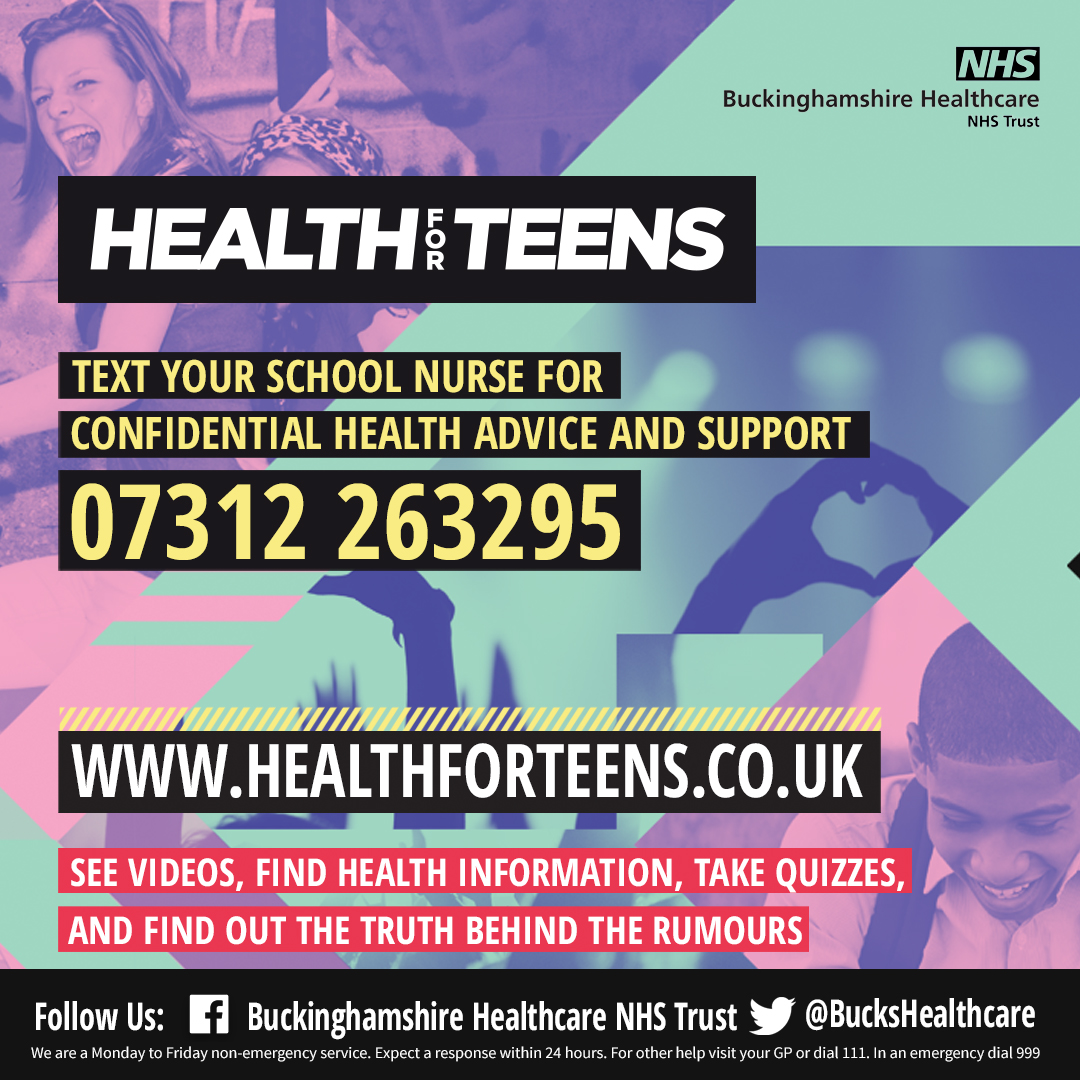 BucksHealthcare's tweet photo. Secondary schools might be closed for half-term but you can still text the School Nursing Service for confidential health advice and support.
✉️ 11-19 year olds text 'Hello' to 07312 263295
💻 https://t.co/vnRzCW3WhT
#HealthForTeens https://t.co/hSxwT9xl8S