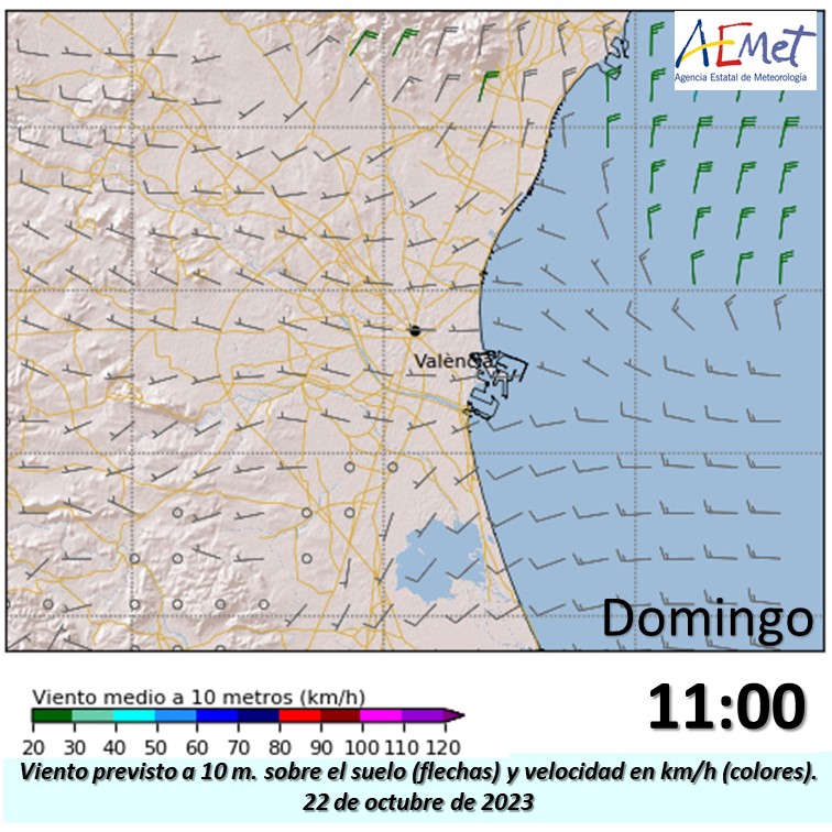 AEMET_CValencia's tweet photo. Buenas condiciones meteorológicas previstas el próximo domingo durante el @MedioMaratonVLC. Viento flojo de poniente. Viento medio de 10 km/h. Viento previsto desde las 8 de la mañana. https://t.co/LiJsn9VhAC