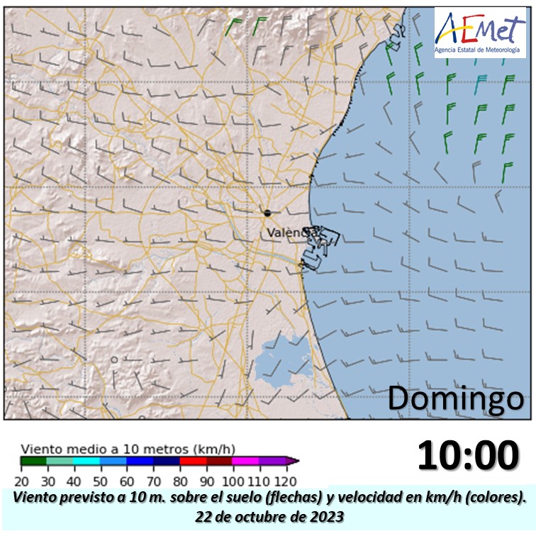 AEMET_CValencia's tweet photo. Buenas condiciones meteorológicas previstas el próximo domingo durante el @MedioMaratonVLC. Viento flojo de poniente. Viento medio de 10 km/h. Viento previsto desde las 8 de la mañana. https://t.co/LiJsn9VhAC