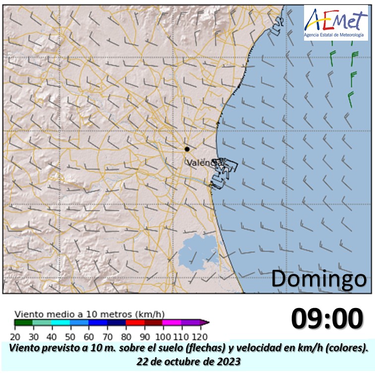 AEMET_CValencia's tweet photo. Buenas condiciones meteorológicas previstas el próximo domingo durante el @MedioMaratonVLC. Viento flojo de poniente. Viento medio de 10 km/h. Viento previsto desde las 8 de la mañana. https://t.co/LiJsn9VhAC