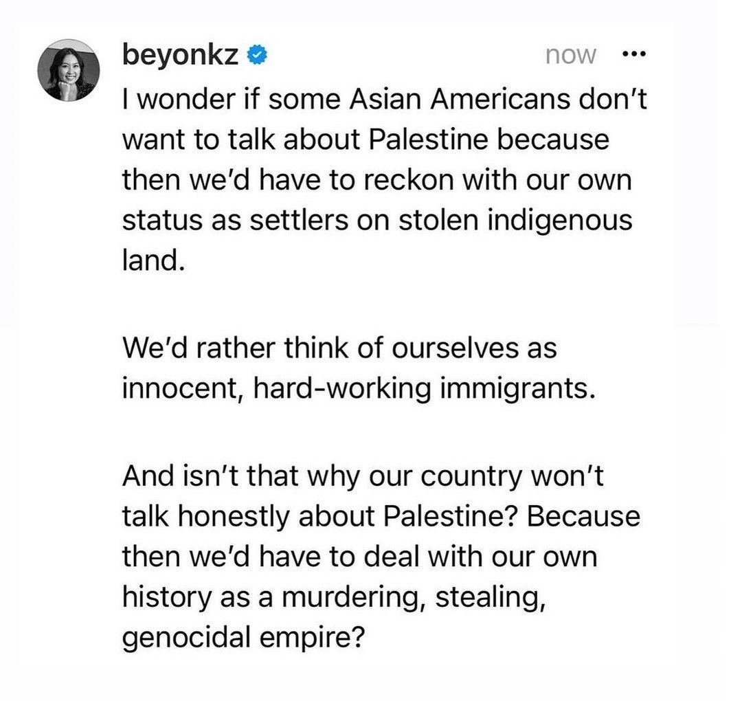 Asian Boba Liberals so desperately want to be a part of the conversation, but their only mode of thinking is to dunk on other Asians.  This reeks of "I'm an acceptable Asian, please marry and/or hire me."

STFU and just say "Down With Israel" instead of mouth-pooping boba.