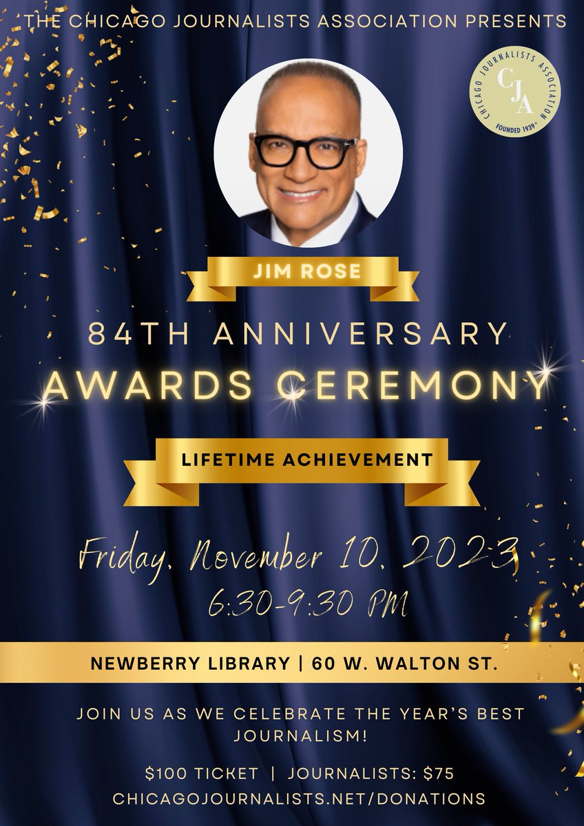 Surprise No. 1 for our 84th Anniversary Awards Ceremony: Our Lifetime Achievement recipient, Jim Rose, will be introduced by 2022 recipient, @TracyBaimWCMG! AND our 2022 Emerging Journalist of the Year, <a href="/_KellyGarcia__/">Kelly Garcia</a> will lead Q&amp;A w/ him!

Get tix today! chicagojournalists.net/donations