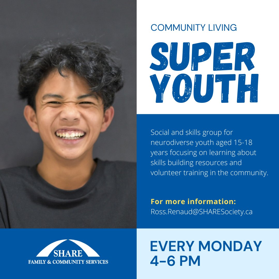 SHARESociety's tweet image. SHARE&apos;s Community Living programs support neurodiverse youth in the Tri-Cities to develop age-appropriate social, motor, and life skills to help them thrive.

For more info, email Ross.Renaud@SHARESociety.ca or go to our website: ow.ly/YVbW50PZ6Nh #CommunityInclusionMonth