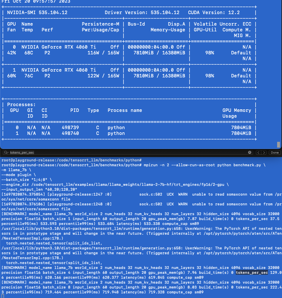 Chuyqa's tweet image. 200+ tokens/sec on dual 4060 ti's running Llama 7B with TensorRT.. Jesus that thing is FAST.  
Now to get Mistral on it..