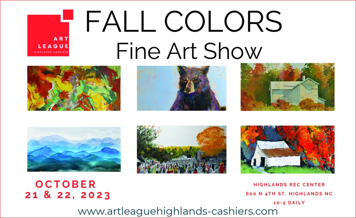 visit_highlands's tweet photo. Fall Colors Art Show Sat. - Sun., October 21-22  | 10 a.m. - 5 p.m.

The Art League of Highlands-Cashiers brings together 25 regional artists for this much anticipated annual Fine Art Show. Rec Park. https://t.co/C1DvaCyZ6M