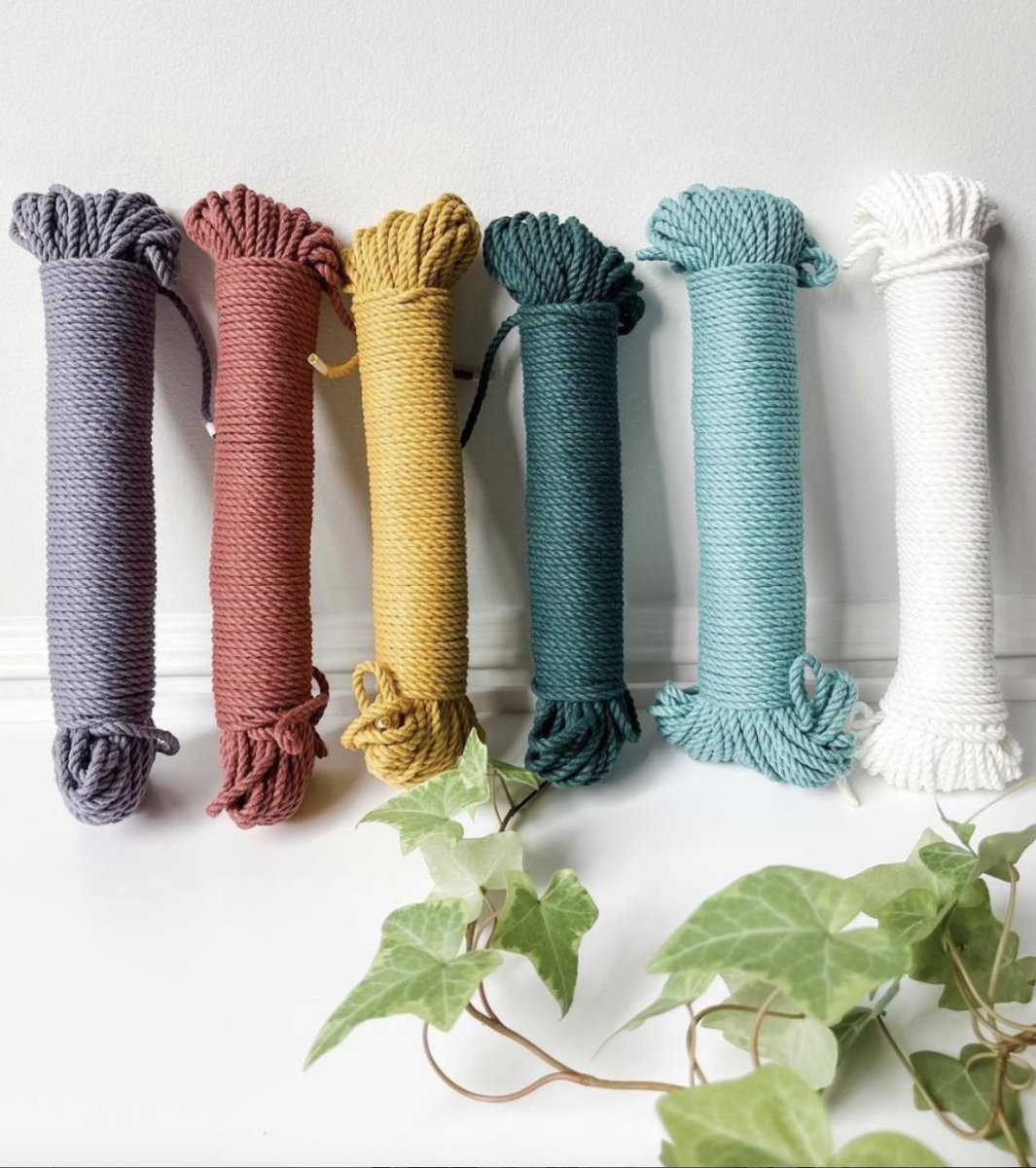 What colour of dip-dyed 100% cotton rope is your favourite? 
💜❤️💛💚💙🤍 
From left to right: charcoal, marsala, mustard, forest, soft teal and white snow.

📸 [IG] .chic_macrame_art

#modernmacrame #fiberart #macramemovement