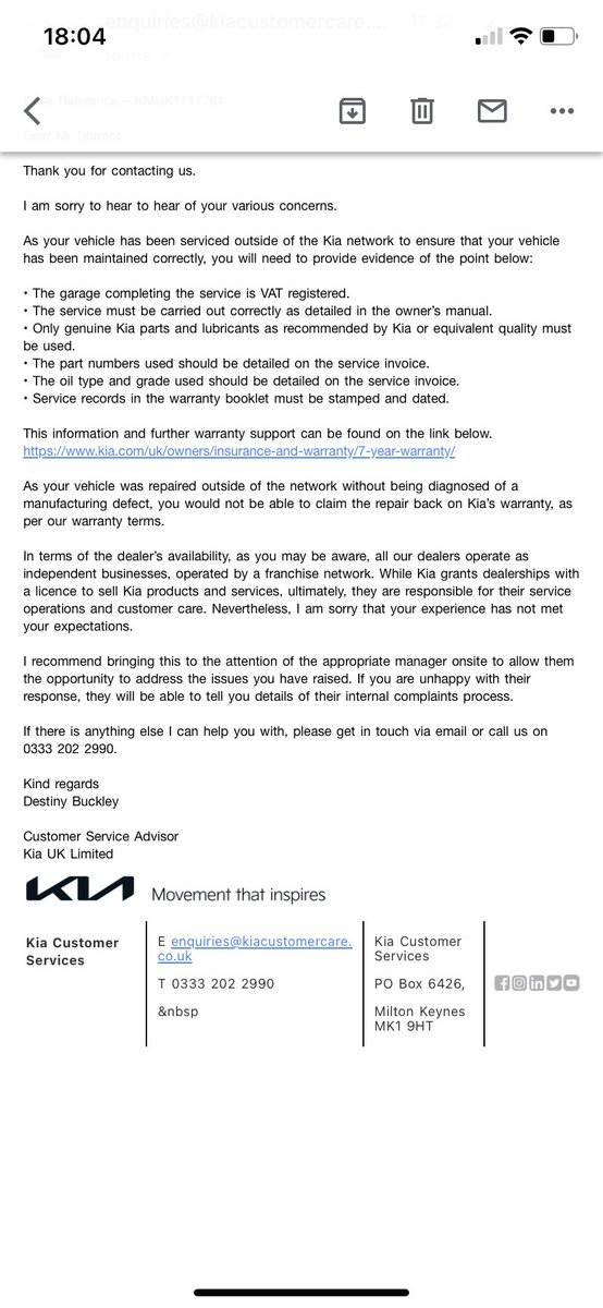A warning to all Kia owners make sure u spend loads of money getting services done with Kia for 7 years just in case u need to make a warranty claim as they will not honour there warranty. Unless u can prove all of the attached stipulations ⁦<a href="/KiaUK/">Kia UK</a>⁩ ⁦<a href="/JeremyClarkson/">Jeremy Clarkson</a>⁩