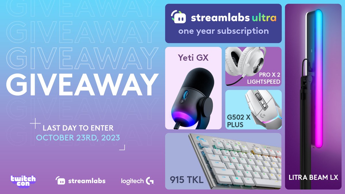 LogitechG's tweet image. Celebrate #TwitchCon Las Vegas with us and @streamlabs! We're giving away a full gaming &amp;amp; streaming bundle!  🎉🎉🎉

All you have to do is:
🔹 Follow us
🔹 Like + Retweet
🔹 Redeem your entries at gleam.io/1BDXx/twitchco…