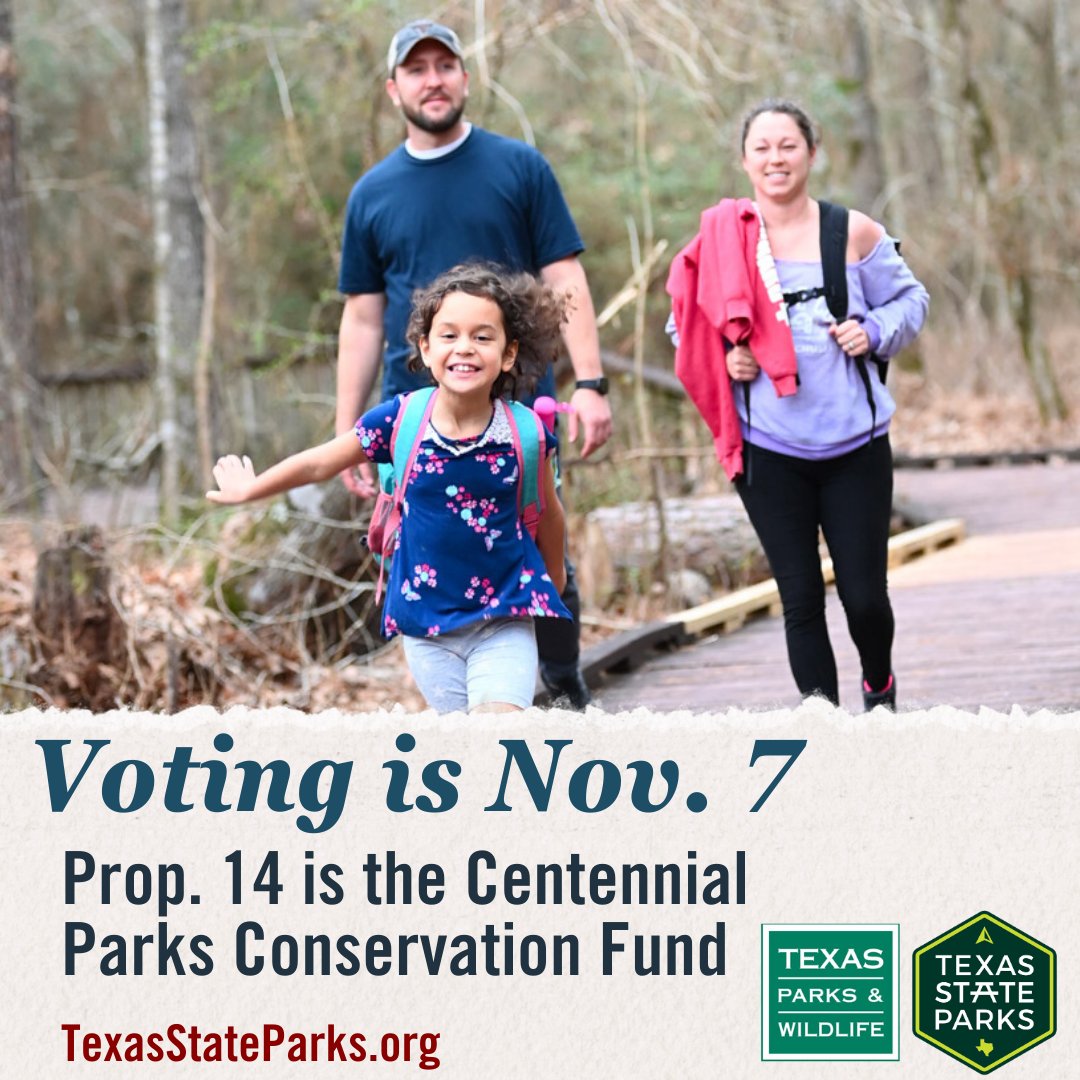 TPWDnews's tweet image. 🗳️ Early voting begins Oct. 23.

Texans  will have the opportunity to vote on Prop 14, a constitutional  amendment that would provide stable, long-term funding for new #TexasStateParks at no additional cost to taxpayers.

Details at bit.ly/Prop14News