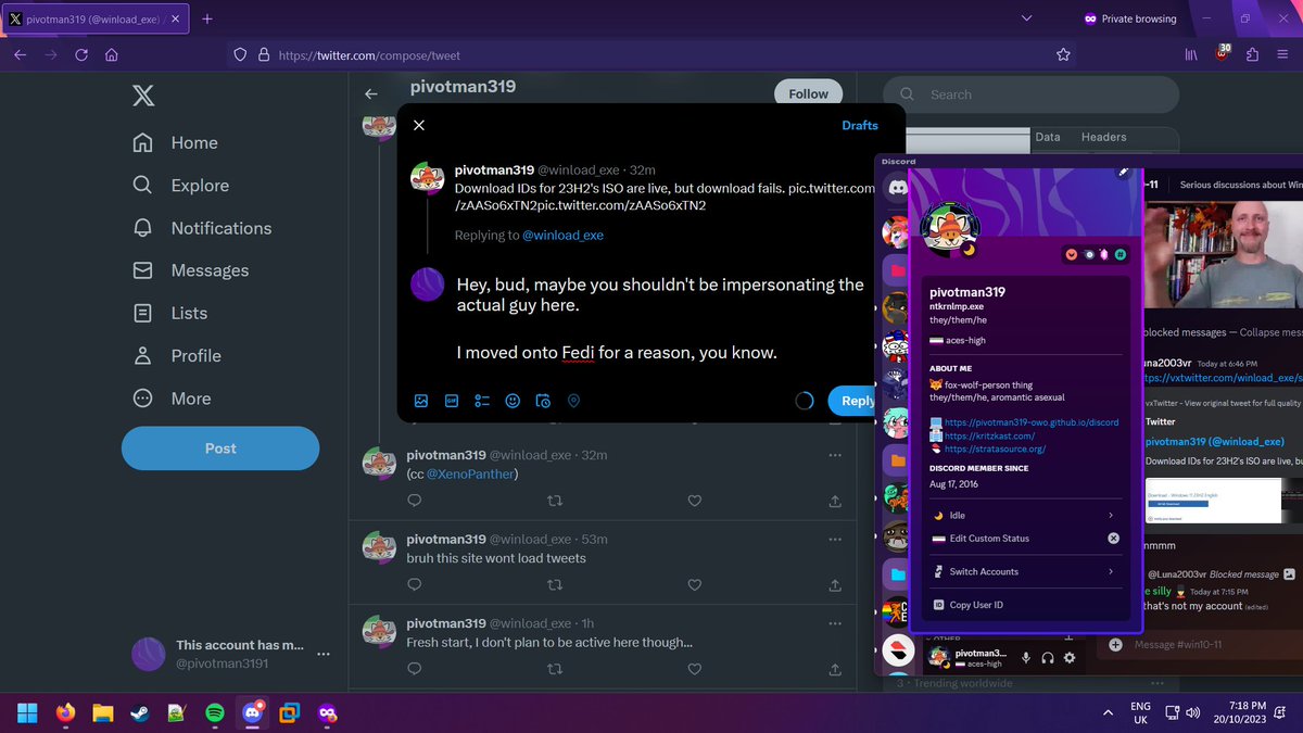 pivotman3191's tweet photo. @winload_exe Hey, bud, maybe you shouldn't be impersonating the actual guy here.

I moved onto Fedi for a reason, you know. https://t.co/Ip7ACOg1Ls