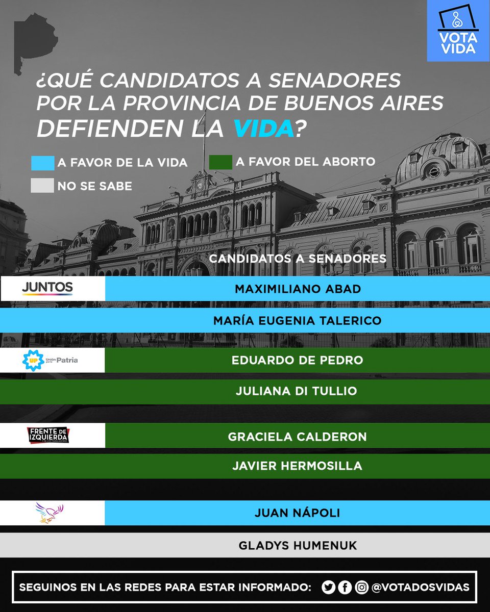 🇦🇷 ¿Que candidatos a Senadores Nacionales, por la provincia de Buenos Aires, defienden la Vida?

Los legisladores son quienes pueden revertir la ley de aborto, por eso es importante conocer lo que piensa cada candidato.