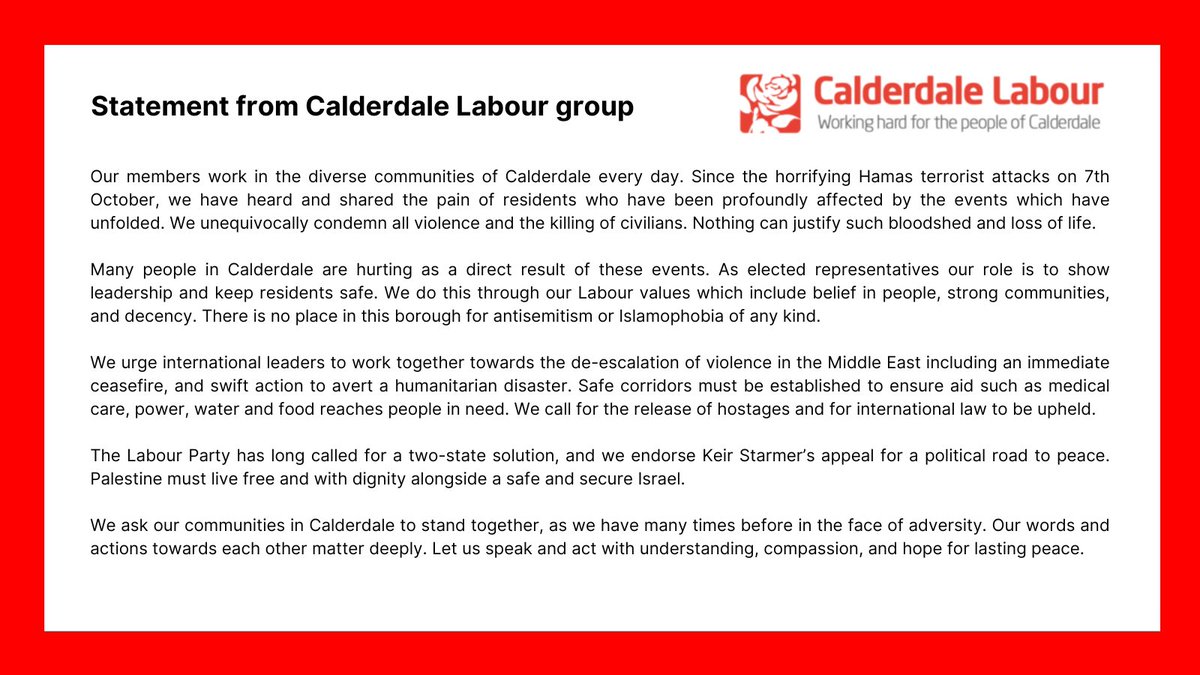 A Calderdale Labour statement on recent events in Israel and Palestine.