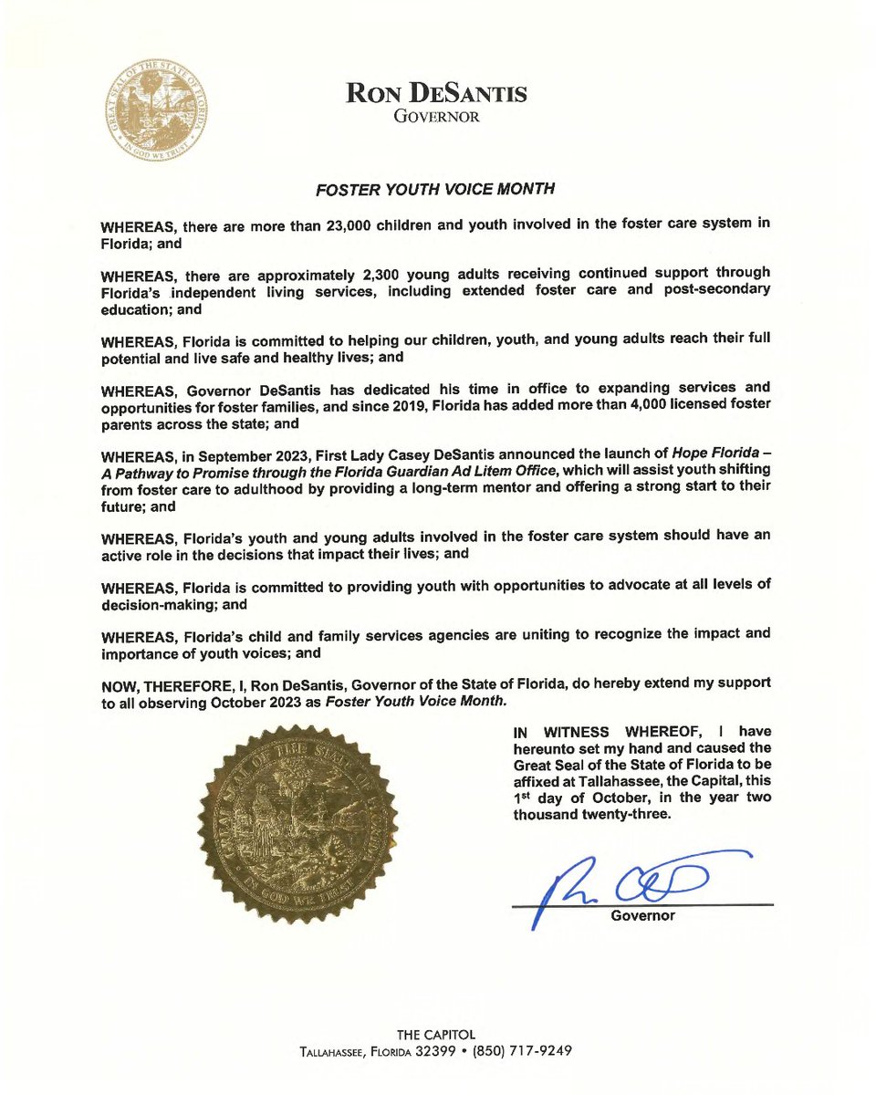 🗞️This just in... @GovRonDeSantis has proclaimed 📣 October as #FosterYouthVoiceMonth! The decree supports Selfless Love Foundation's national campaign and honors the voices and experiences of the more than 23,000 children in Florida’s foster care system.