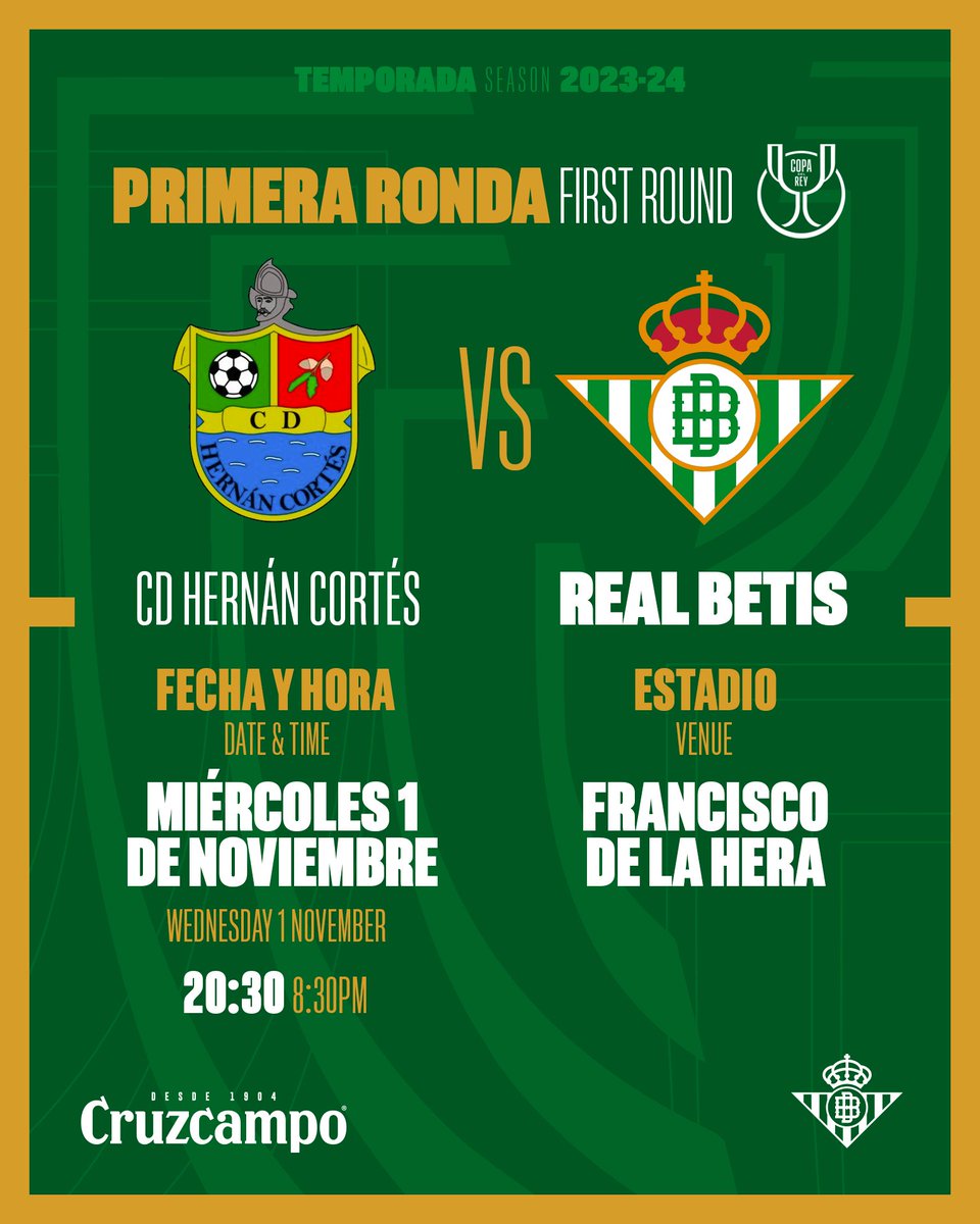 RealBetis's tweet photo. 🕐🏆💚

¡Ya tenemos horario para la primera ronda de la #CopaDelRey ante el @CDHERNAN_CORTES!

#RealBetis https://t.co/UOyiNHNSOT