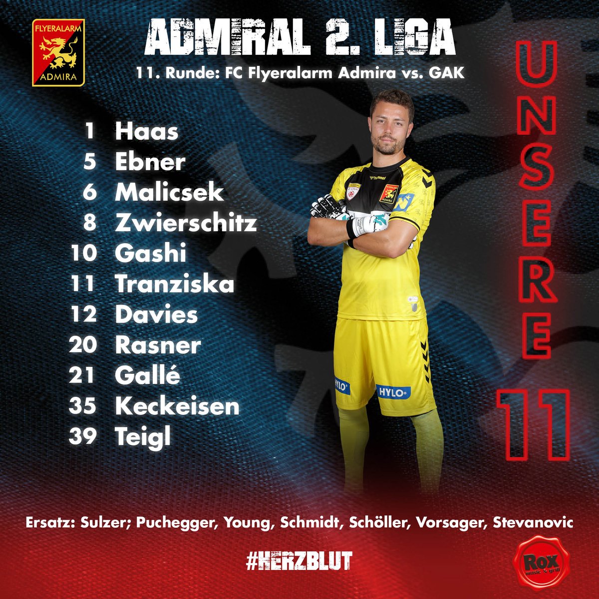 FCAdmiraWacker's tweet photo. Mit dieser Startelf gehen wir in die Begegnung gegen den GAK! 1⃣1⃣🙌 #ligazwa #admira #admgak #admiralligazwa #herzblut https://t.co/ZbAtX0A8D5