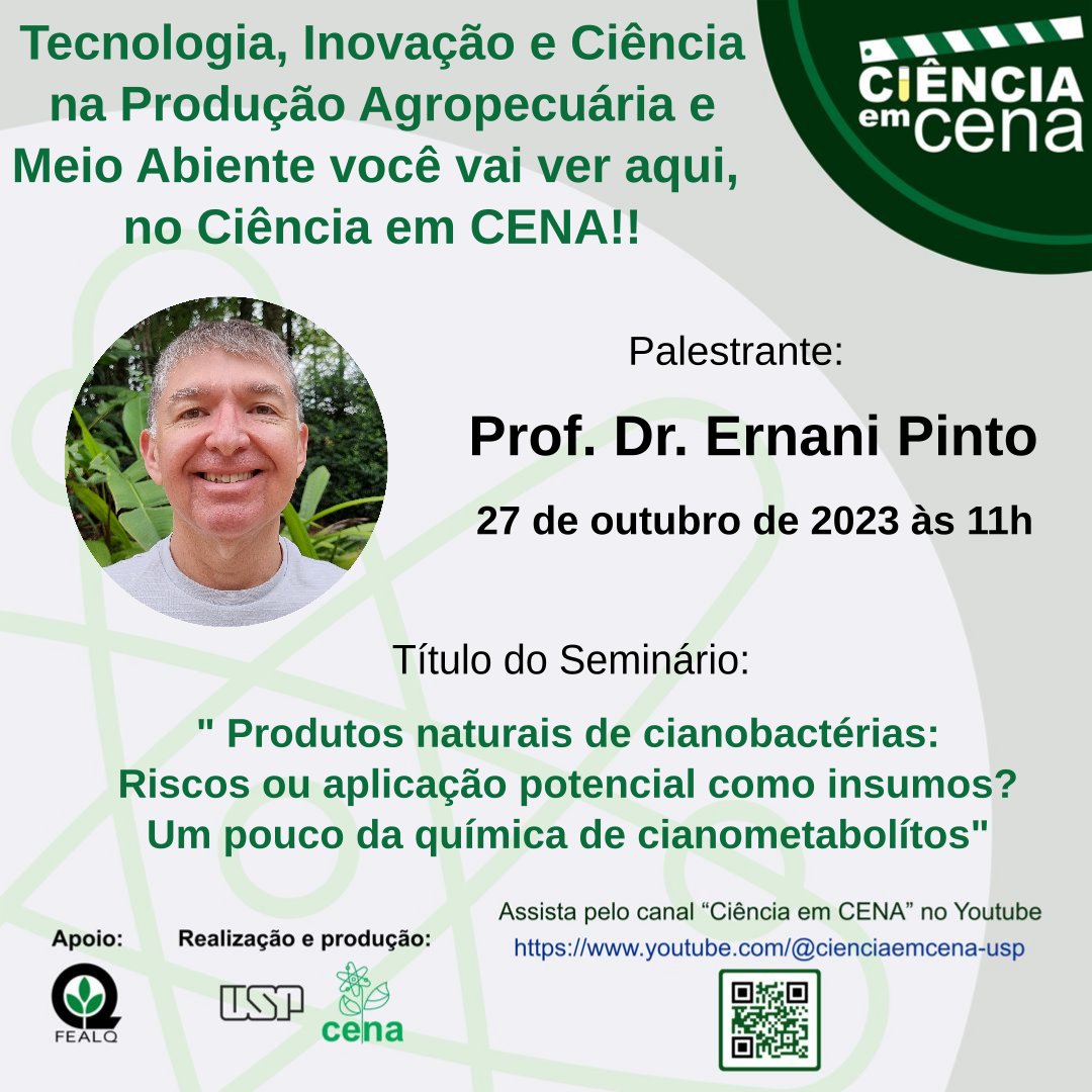 cena_usp's tweet photo. Seminário "Produtos naturais de cianobactérias: riscos ou aplicação potencial como insumos? Um pouco da química de cianometabolítos" 
Data: 27 de outubro Horário: 11h 
Transmissão: https://t.co/em8fDOGOZt https://t.co/NeH3BubtBj