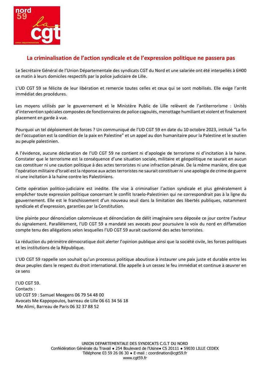 DenisGravouil's tweet photo. Soutien aux camarades de l’ud Cgt 59 https://t.co/iIbMj4Rpzn