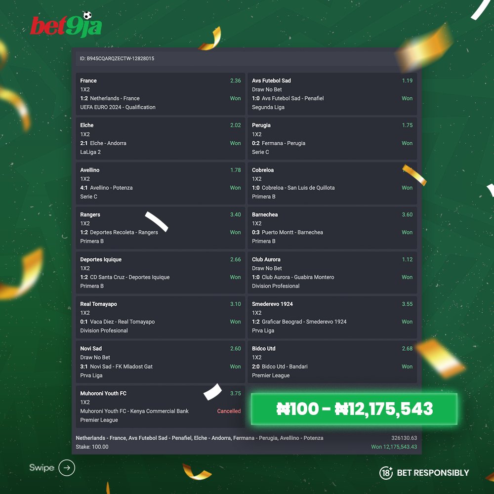 Bet9ja on X: This week, we recorded SOMETHING HUGE!! 🔥🔥🔥🔥🔥 One of our  customers won over N40m from four tickets, staking just N100 each o  😱😱😱😱😱😱 Oya, check them here B945CQARQZECTW-12828015 