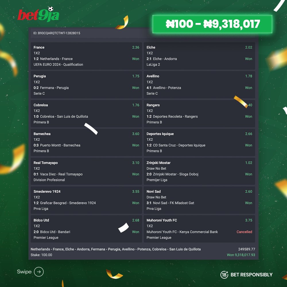 Bet9ja on X: This week, we recorded SOMETHING HUGE!! 🔥🔥🔥🔥🔥 One of our  customers won over N40m from four tickets, staking just N100 each o  😱😱😱😱😱😱 Oya, check them here B945CQARQZECTW-12828015 