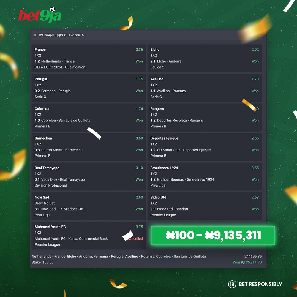 Bet9ja on X: This week, we recorded SOMETHING HUGE!! 🔥🔥🔥🔥🔥 One of our  customers won over N40m from four tickets, staking just N100 each o  😱😱😱😱😱😱 Oya, check them here B945CQARQZECTW-12828015 