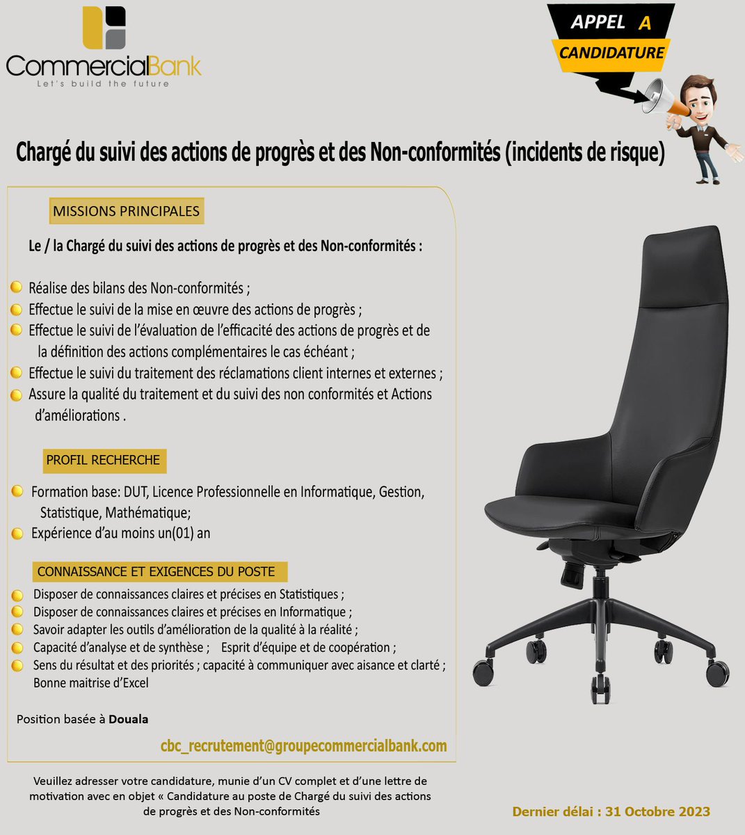 commercialbankc's tweet photo. JOB OPPORTUNITY

Vous avez le profil pour l’un ou l’autre de ces postes? Envoyez nous votre dossier de candidature à l’adresse cbc_recrutement@groupecommercialbank.com

Vous êtes peut-être notre prochain collaborateur 😊

#CommercialBankCm
#JobOpportunity https://t.co/MqVLHEENpZ