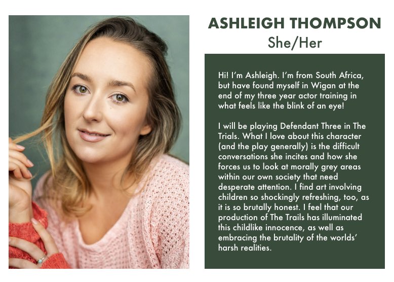 RBCWigan's tweet photo. 🌳 Introducing Ashleigh Thompson (She/Her) - who will be playing DEFENDANT THREE in Rose Bruford College Wigan’s production of THE TRIALS 🔥 https://t.co/2cpwTKT90N