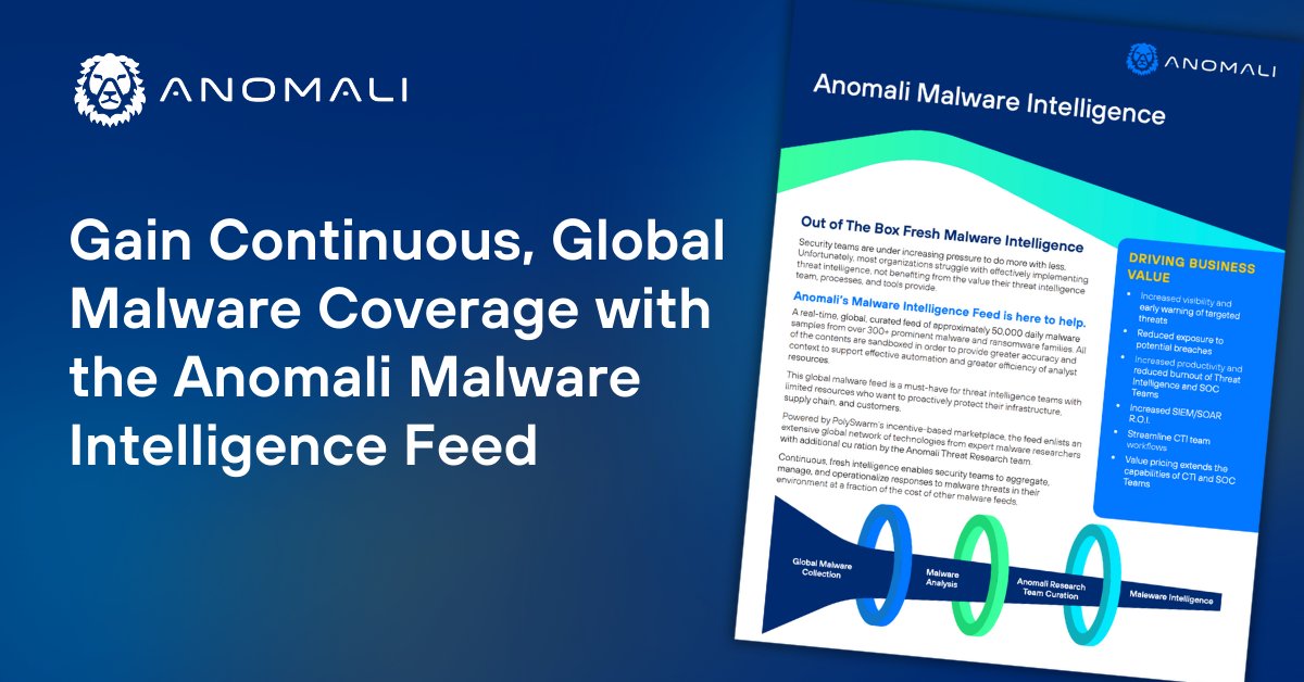 Proactively protect your enterprise's IT infrastructure, supply chain, and customers without increasing resources. How? The Anomali Malware Intelligence Feed can help. See how in the datasheet: anomali.com/resources/data…