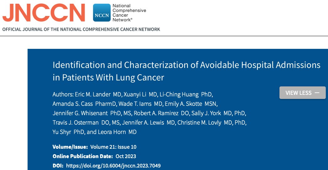 50% of patients with lung cancer are hospitalized during their treatment course. We found that 1/7 were preventable. See why in #JNCCN. Honored to collab with Lexi Li, @amandacass, @EmilySkotte, @christine_lovly, @WadeIams, @JenLewisMD, @TravisOsterman, @HornLeora and others!