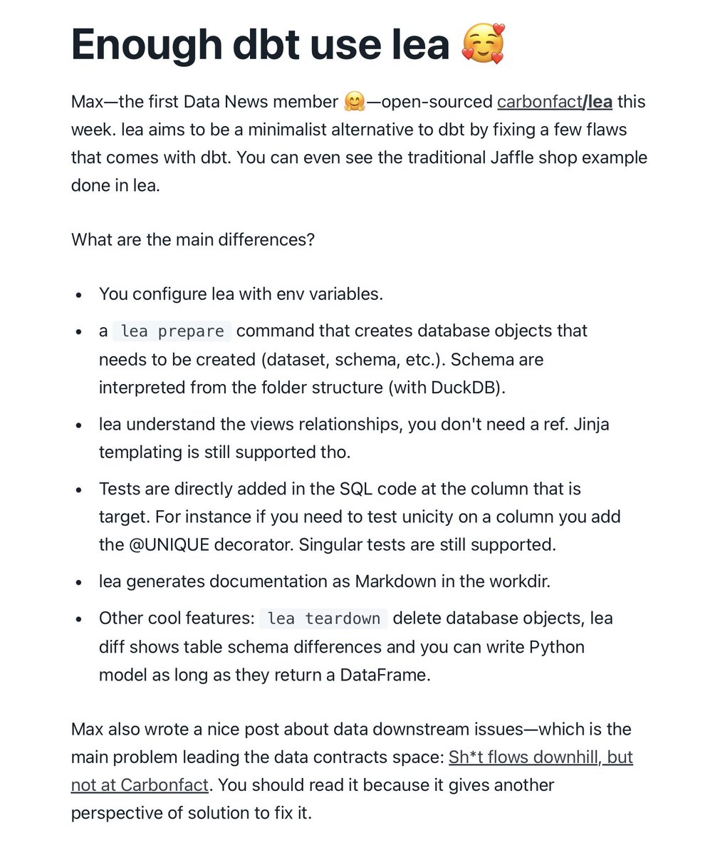 halford_max's tweet photo. Thanks @_Blef! Indeed, lea is a modest alternative as re-implementing @getdbt in a minimalist way with some tweaks 🔧. We use it everyday at @carbonfact to measure the footprint of fashion brands 👖

Here's the mentioned article: https://t.co/RDdIFGmlUZ https://t.co/G2e4Yyx3JX