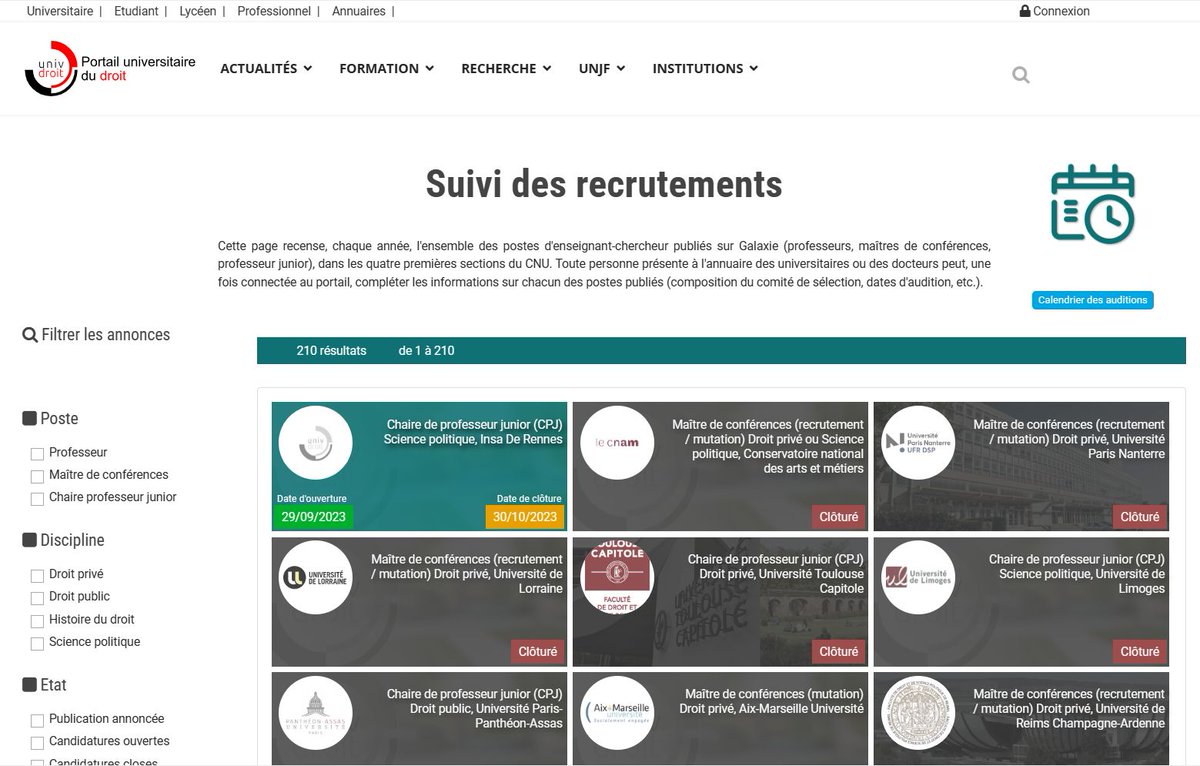Nouvelle fonction sur <a href="/univ_droit/">Univ-Droit</a> : le suivi des emplois publiés. Le dispositif est en place pour les postes de professeurs et maîtres de conférences, ainsi que pour les ATER, et sera prochainement étendu aux emplois contractuels.  univ-droit.fr/recherche/actu…