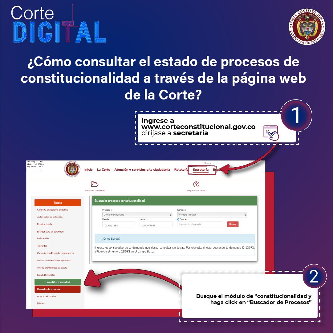 CConstitucional's tweet image. #CorteDigital | ¿Cómo consultar el estado de procesos de constitucionalidad a través de la página web de la Corte?