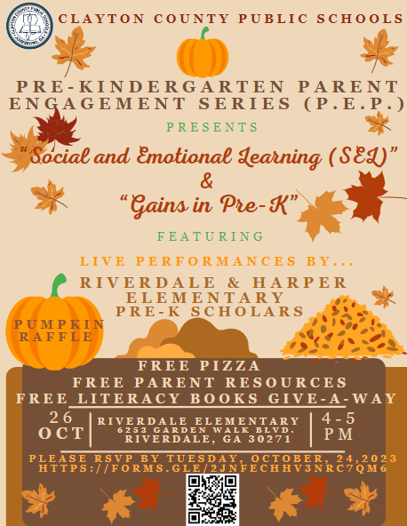 Calling all Pre-K Parents and Scholars!  Join us for our October P.E.P. Series on October 26, 2023 from 4-5PM! See flyer for RSVP and details!  See you there! <a href="/CCPSNews/">Clayton County Public Schools</a>