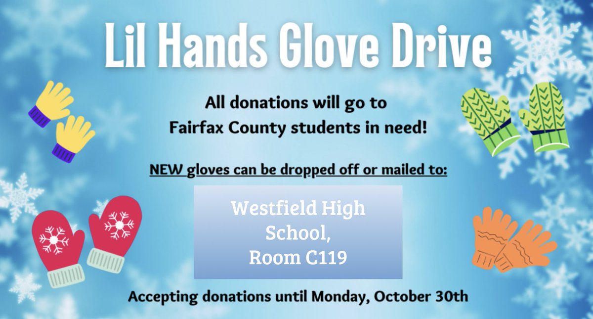 Come show support for Westfield Athletic and Sports Leadership by lending a helping hand to kids in need this winter season! Drop off any new gloves to C119 (SGA Room) at Westfield High School.