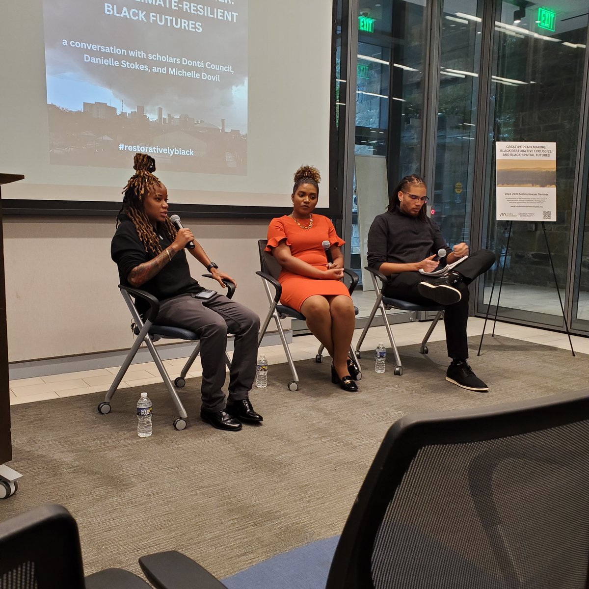 sawyer_gu's tweet photo. Such a phenomenal conversation this week at our first  event! Seen here: Michelle Dovil asking @dontacouncil and @StokesApproved what practices or policies are vital to creating and sustaining abundant forms of Black existence? #restorativelyblack #blackecologies #climatejustice https://t.co/UcxZFZwkCx