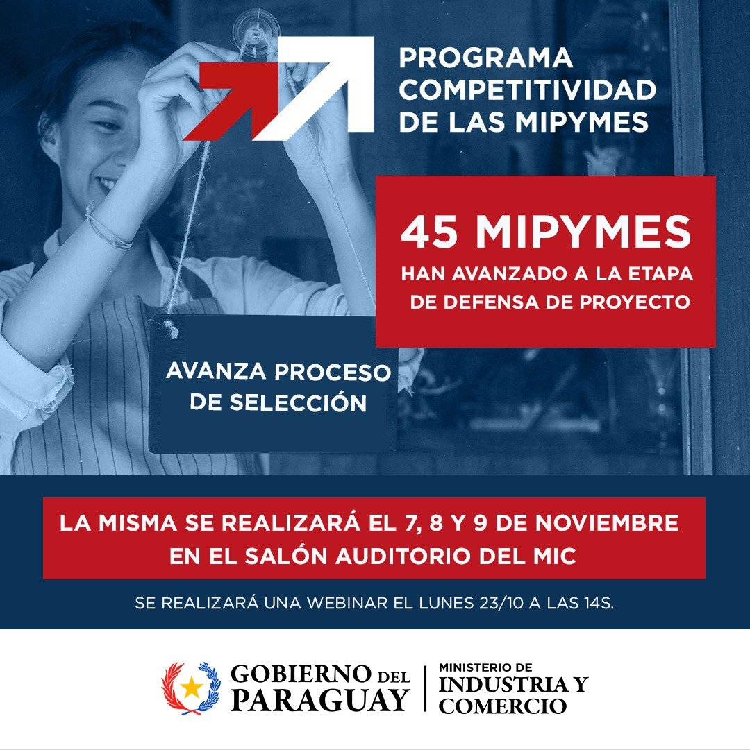 #PCM

✅El #MIC felicita a las 45 #mipymes que avanzan a sus defensas de proyectos‼️

📌Fechas de defensa
🗓️7, 8 y 9 de noviembre
📍Salón auditorio del #MIC 4to. piso
⏰08 a 18 hs.

⚠️Obs.: Se realizará un Webinar informativo, el día Lunes 23/10 a las 14 hs.