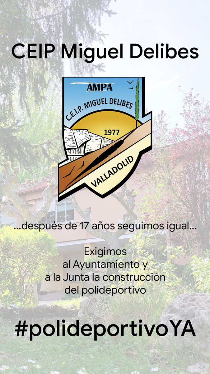 Las familias reclamamos agilidad en la firma del convenio entre Ayuntamiento y Junta y en la tramitación del proyecto. 
No podemos esperar hasta 2025 para iniciar las obras.
Queremos el polideportivo YA!
#polideportivoYA
<a href="/CEIPDELIBES/">CEIP MIGUEL DELIBES</a>