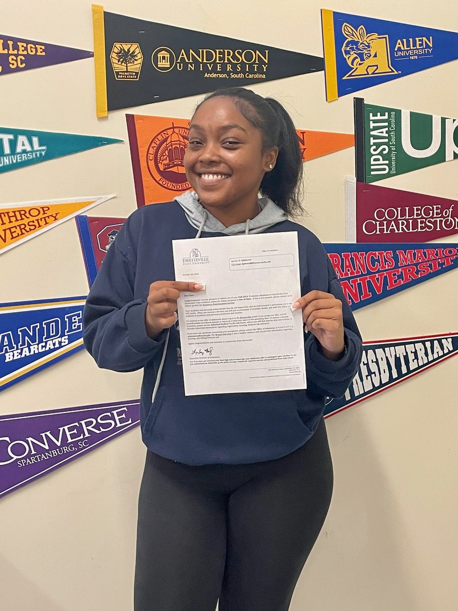 Congratulations and success wishes Deja @RNECavaliers acceptance @uncfsu #GoBroncos #FayState! Along with doing excellent class work @RichlandTwo, she's in the @RNECavaliers AVID and GEAR-UP Programs. Deja plans to major in Biology. #PurposeDrivenFutureReady
