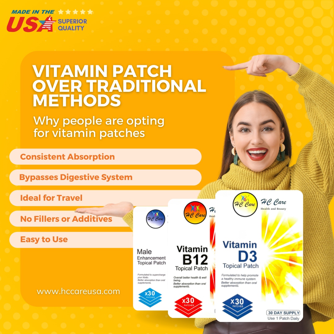 hccareusa's tweet image. If you're intrigued by the idea of getting your vitamins through a patch, it might be worth giving it a try and keep those other factors in mind. 🌿✨ hccareusa.com

#HCCare #VitaminPatch #HealthTrends #NoMorePills #TargetedRelease #VeganFriendly #Convenience