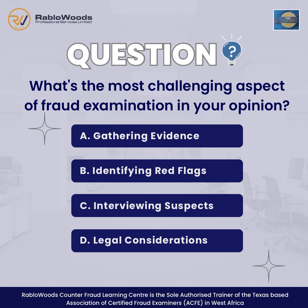 In your opinion, what’s the most challenging aspect of fraud examination or investigation?

#RabloWoods #FraudExamination #FraudInvestigation #FraudPrevention #FraudDetection #FraudAwareness #FraudEducation #CertifiedFraudExaminer #CFE #cybersecurity #cybersecurityawarenessmonth