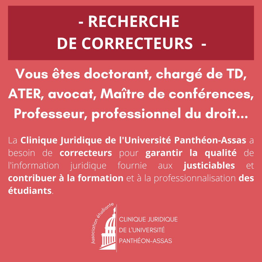 CliniqueAssas's tweet photo. Dans le cadre de la reprise de notre activité auprès des justiciables, nous sommes actuellement à la recherche de Doctorants, chargés de Travaux Dirigés, Attachés temporaires d’enseignement et de recherche, d’Avocats, de Professeurs ou de Maîtres de conférences … https://t.co/UK6CJk7xjz
