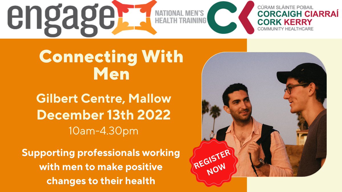 CorkKerryCH's tweet photo. ENGAGE Connecting With Men in a 1 day workshop delivered by @CorkKerryCH Health Promotion that can support you to develop practical strategies for effectively engaging men around Health &amp; Wellbeing issues.
Kerry course: https://t.co/xhGMzO2oum
Cork Course: https://t.co/CxBmdSQ1UT https://t.co/VicwHeY5w3