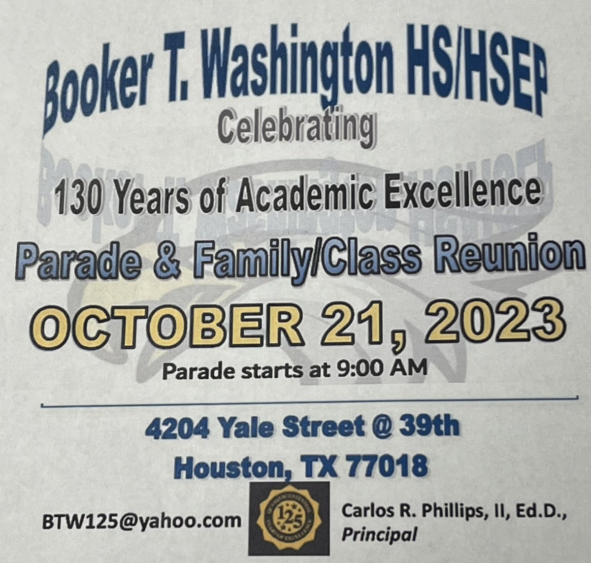 Booker T. Washington (@btw_houston) on Twitter photo We look forward to seeing everyone tomorrow, October 21st! Our parade starts at 9am. Come on out and celebrate 130 Years of Academic Excellence! 🤗💙💛 We look forward to seeing everyone tomorrow, October 21st! Our parade starts at 9am. Come on out and celebrate 130 Years of Academic Excellence! 🤗💙💛