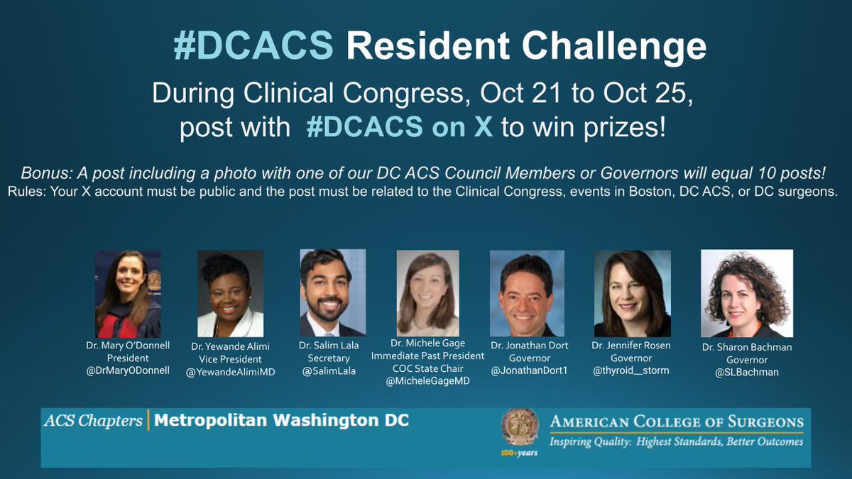 Heading to clinical Congress?! Show your love for  #DCACS on X Saturday-Wednesday and the resident with the most posts will win a free ticket to our DC ACS All Surgeons Day event on May 18, 2024 (includes breakfast, lunch, and happy hour) and our Virtual ABSITE Review @RASACS
